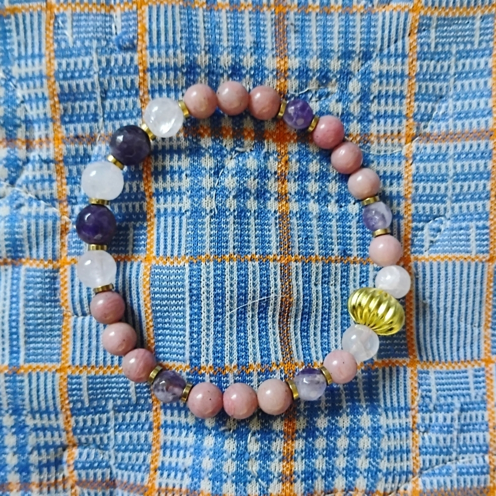Handmade Amethyst, Quartz, And Rhodochrosite Bracelet
